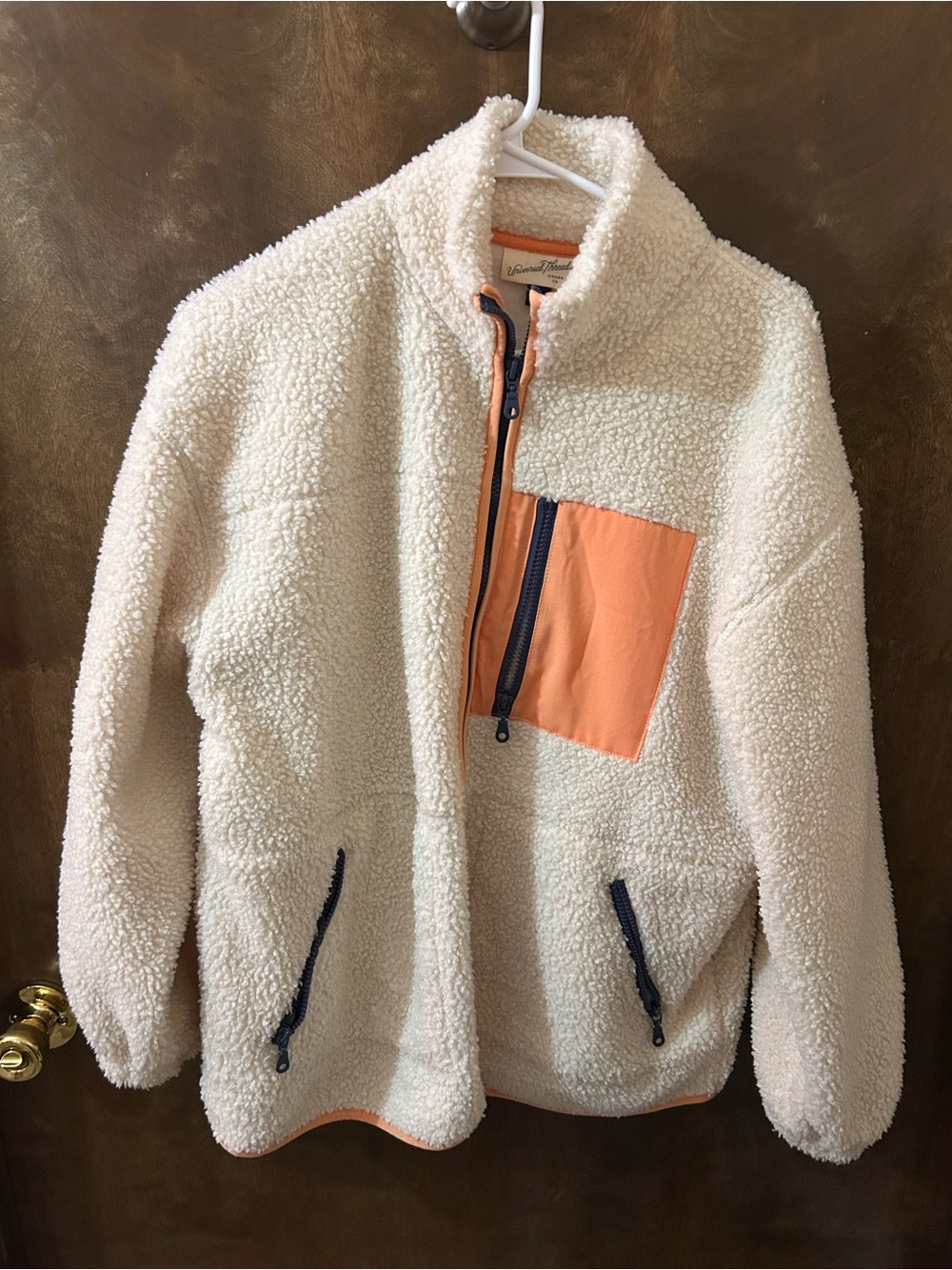 Women’s Cream Sherpa Jacket with Orange Chest Pocket